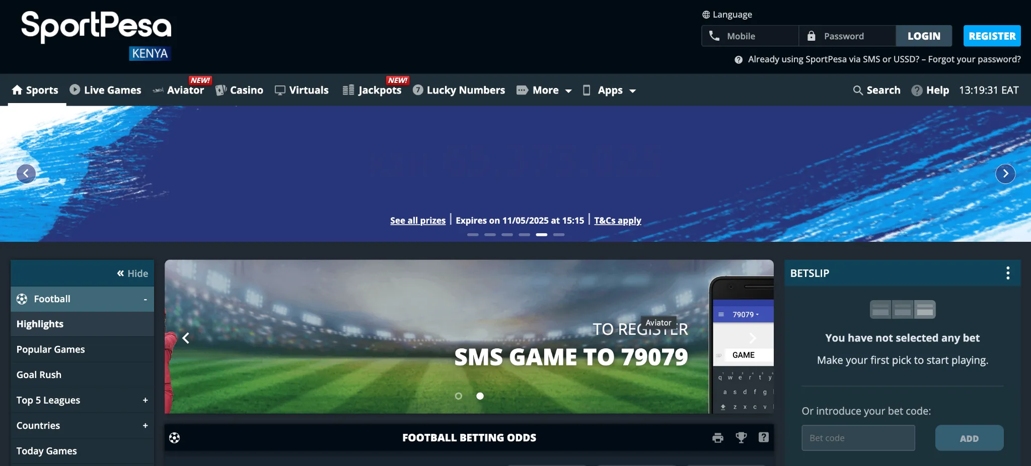 Full homepage layout of Sportpesagame Kenya