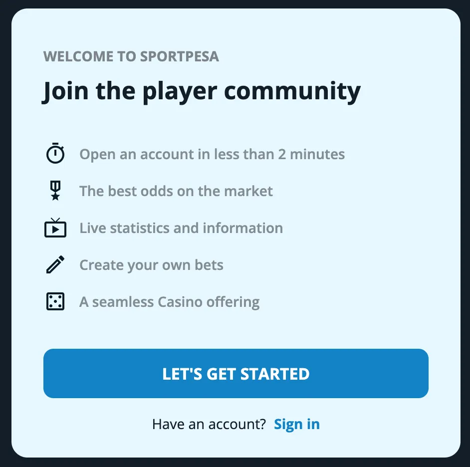 Sportpesagame Kenya 'Join Community' prompt for registration
